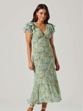 ASTR THE LABEL Celestine Floral Ruffle Midi Dress in Green/Blue/Pink | Size XS